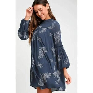 Lulu's No One Quite Like You Blue Floral Embroidered Long Sleeve Mini Dress S